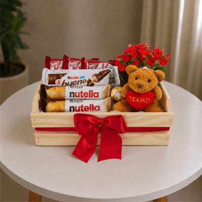 Cesta de chocolates para presente em Maringá com Nutella, Kinder Bueno, Kit Kat e ursinho de pelúcia